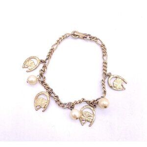 Marino Beaded 4 clover horse shoe good luck Chain Charm Bracelet Gold Tone